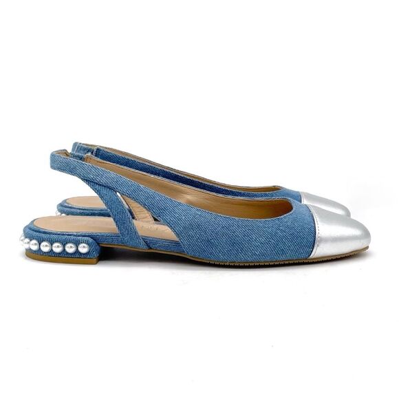 Stuart Weitzman Denim Pearl Slingback Flats Size 6 Silver Cap Toe Made in Spain - Picture 4 of 15